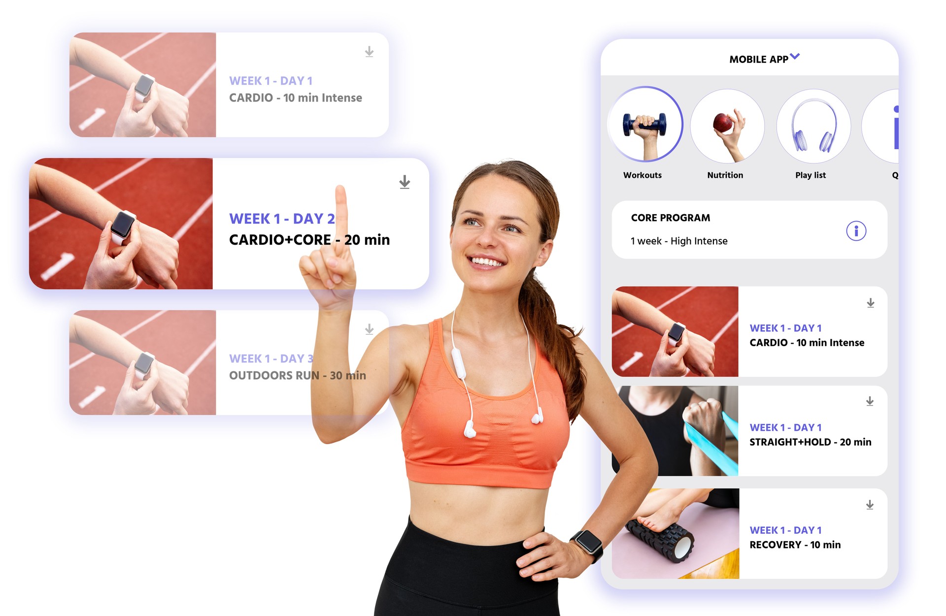 Female athlete selects a workout program on a virtual screen. Online fitness and interface of fitness mobile app.