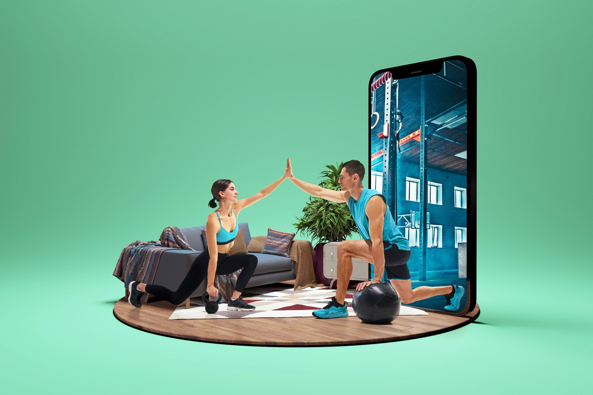 Digital fitness, virtual coaching. Woman training at home and giving virtual high five to her male coach appearing from screen. Composite image, collage. Composite image, collage